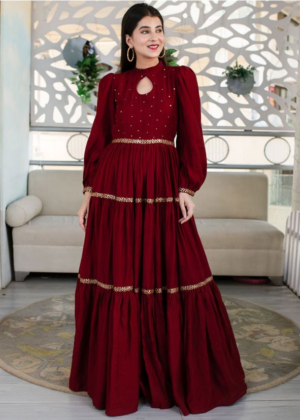 Readymade Maroon Tiered Embroidered Gown