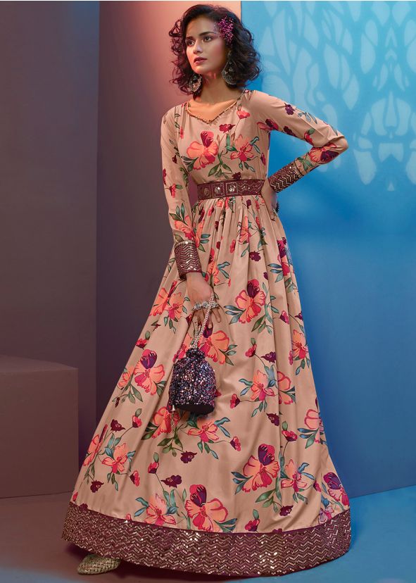 Peach Readymade Floral Gown In Crape