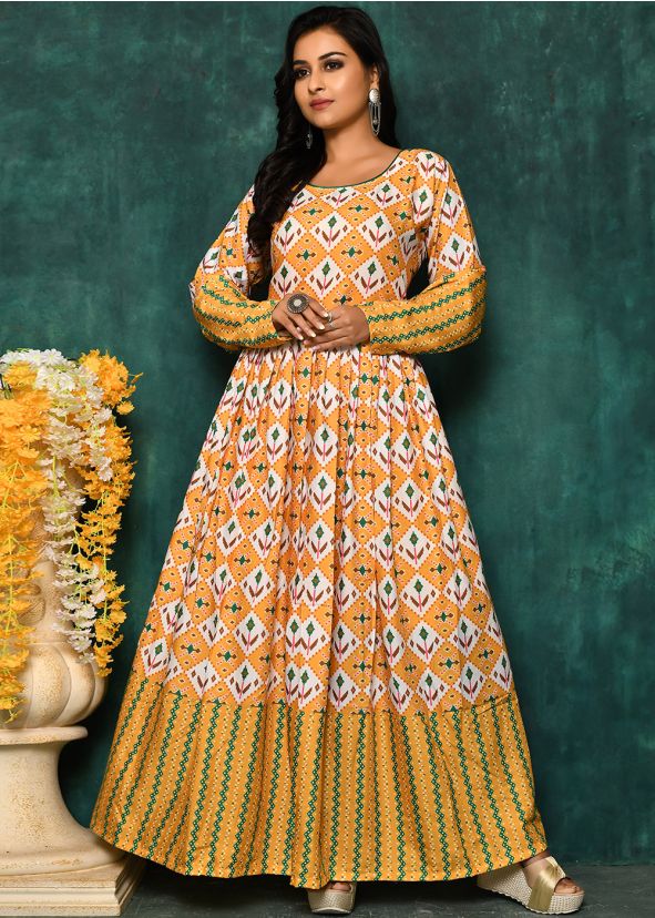 Yellow Digital Printed Readymade Cotton Gown