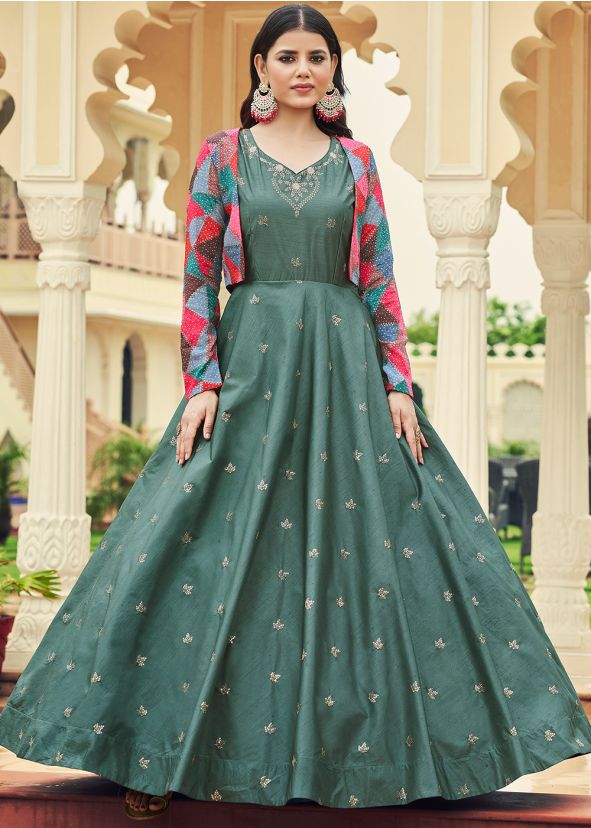 Green Sequined Cotton Readyamde Gown With Jacket