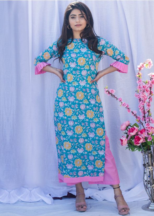 Turquoise Floral Block Printed Kurta With Pant