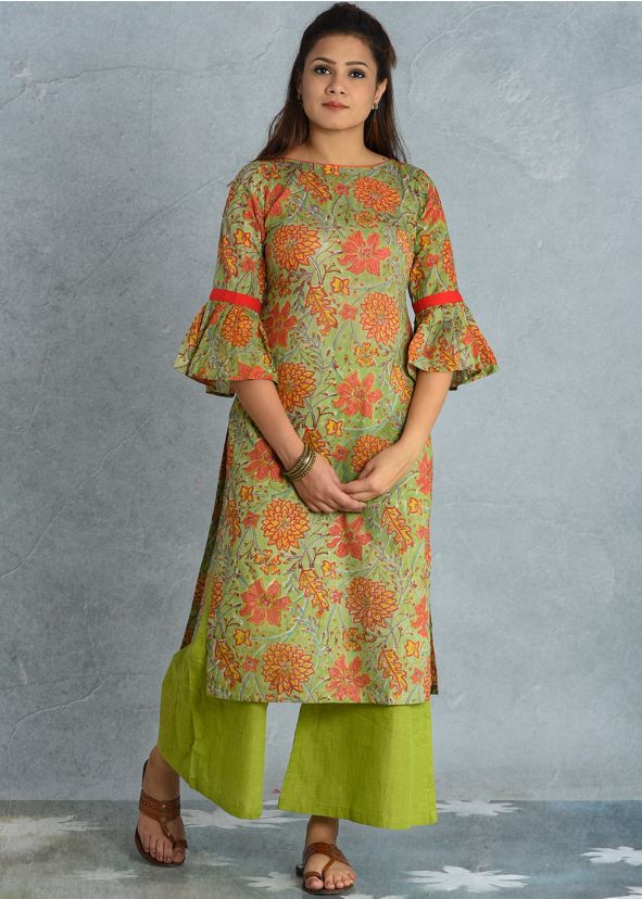 Green Floral Block Printed Bell Sleeved Kurta Palazzo Set