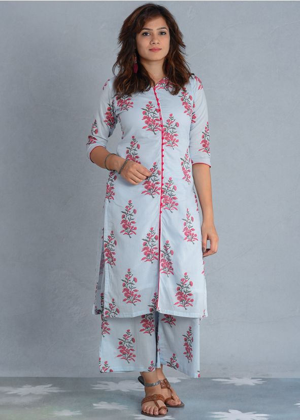 Light Blue Floral Block Printed Kurta With Palazzo