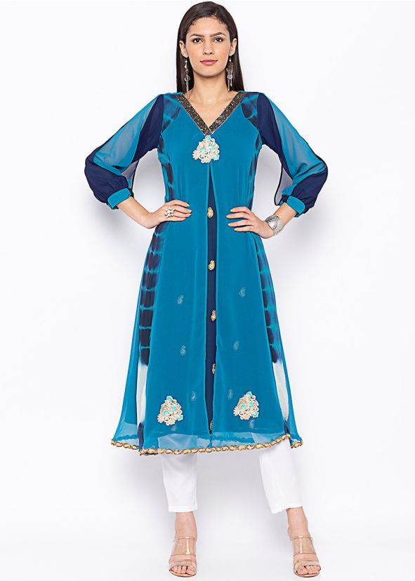 Blue Layered Tie Dye Printed Paneled Kurta With Pant