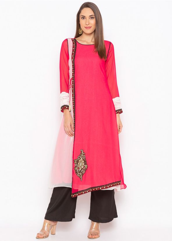 Red Asymmetric Twin Layered Long Kurta With Pant