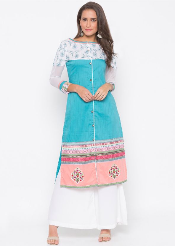 Readymade Turquoise Printed Border Kurta Palazzo Set