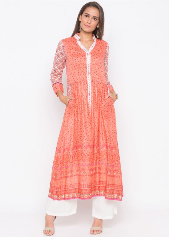 Orange Readymade Floral Printed Flared Kurta With Pant