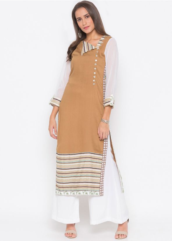 Beige Readymade Printed Border Kurta With Palazzo