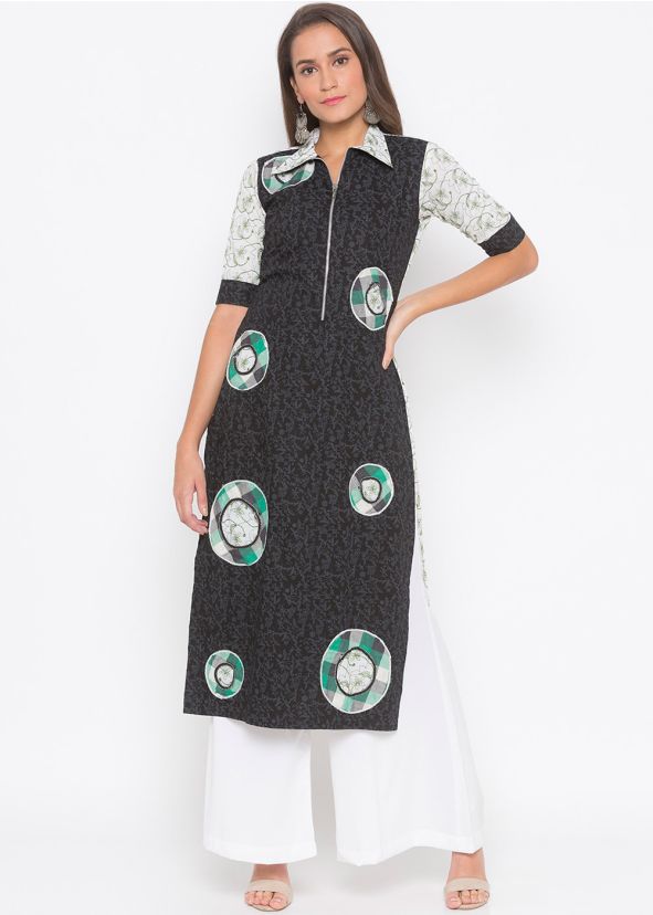 Black Printed Readymade Collared Kurta With Palazzo