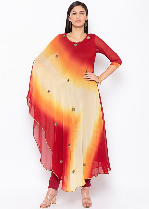 Red and Yellow Shaded Asymmetric Long Kurta Pant Set