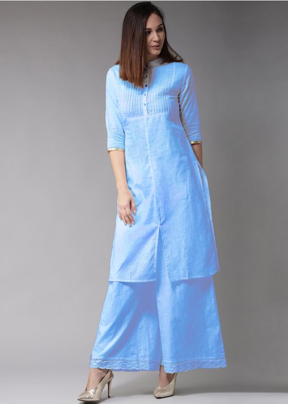 Readymade Blue Cotton Slit Style Kurta Set