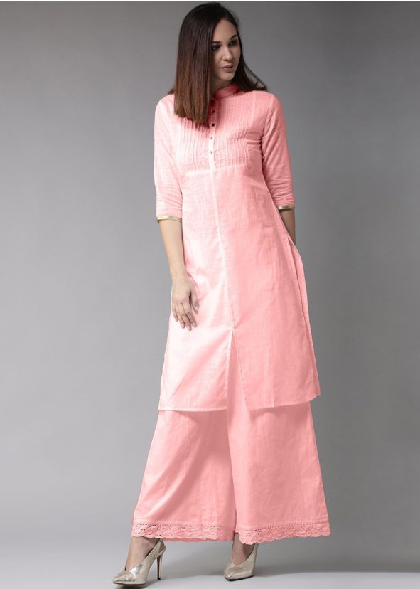 Peach Readymade Pin Tucks Kurta With Palazzo