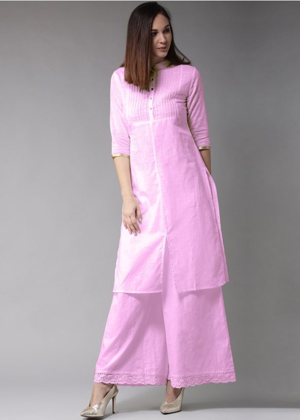 Pink Cotton Readymade Front Slit Style Kurta Set