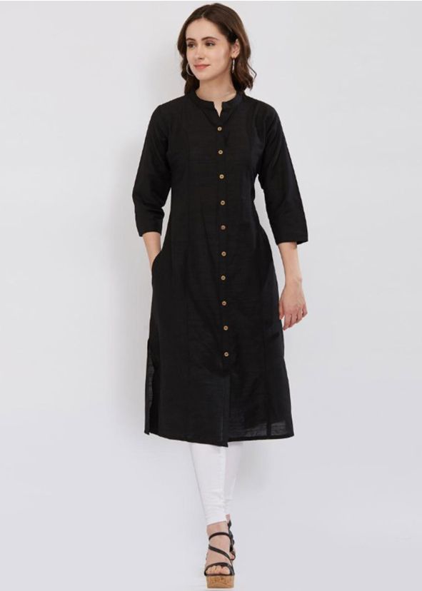 Black Readymade Rayon Buttoned Up Kurta Set