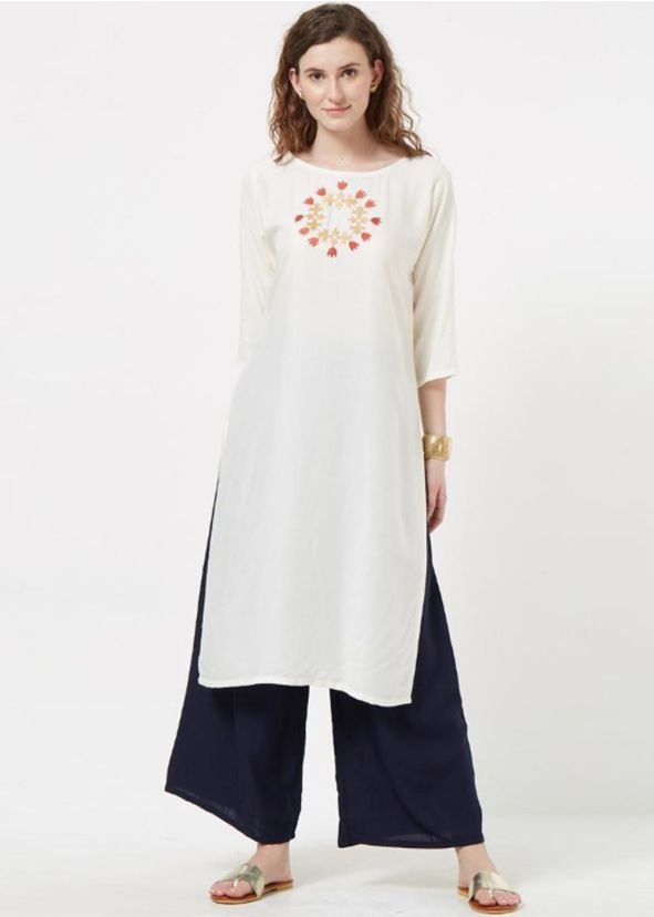 Readymade Cream Embroidered Kurta With Palazzo