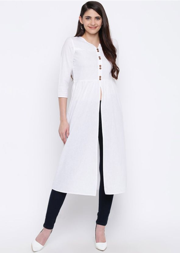 White Front Slit Style Readymade Rayon Kurta Set