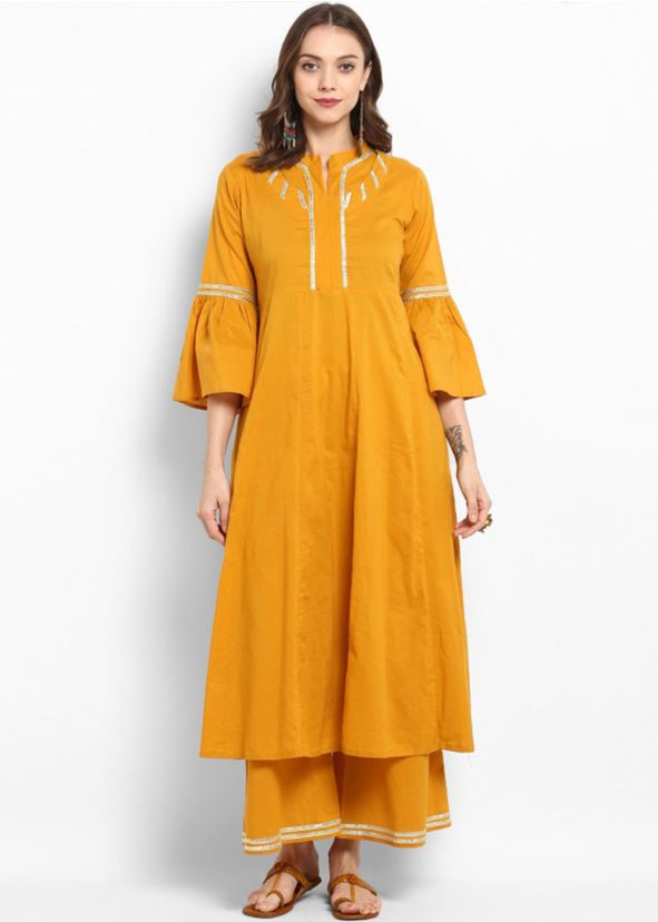 Yellow Bell Sleeved Gota Patti Laced Kurta Set