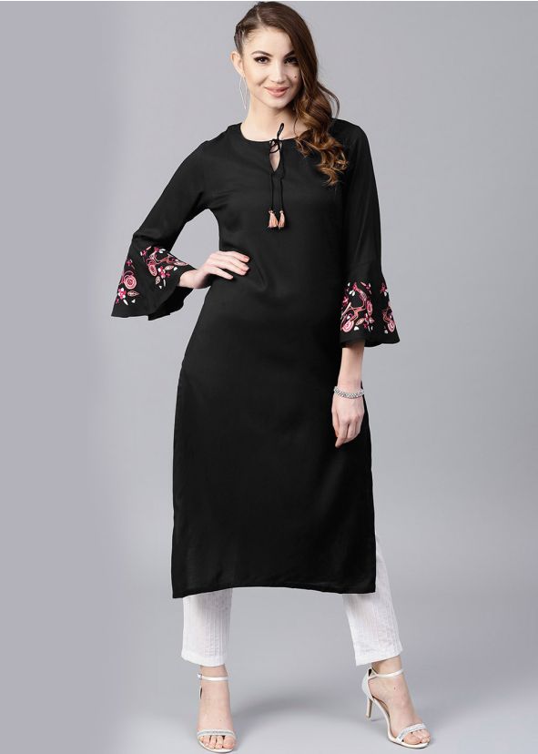 Black Bell Sleeved Readymade Long Kurta With Pant