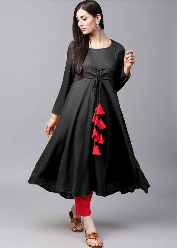 Readymade Black Tasseled Long Kurta With Pant