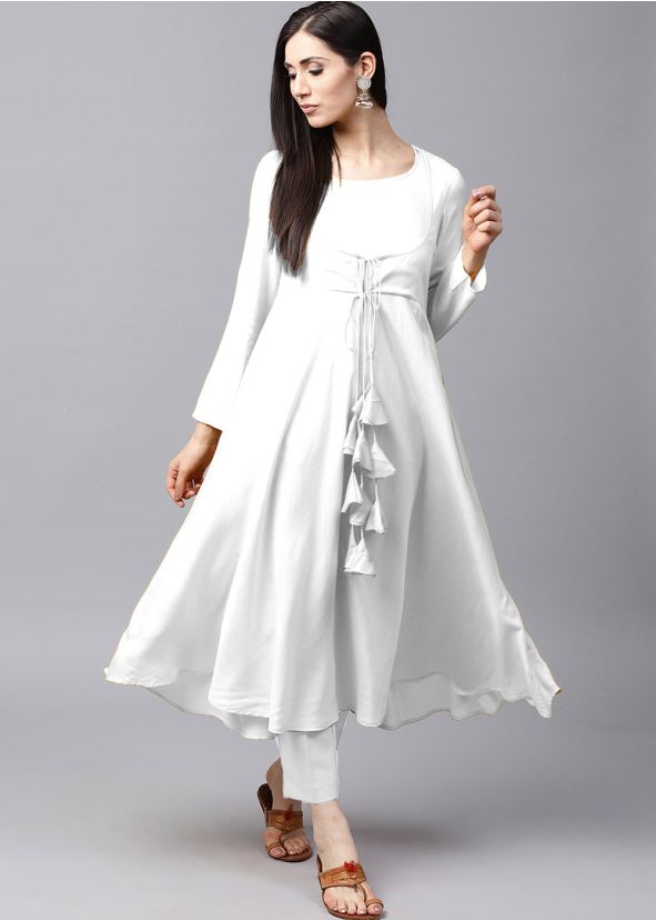 White Rayon Readymade Flared Kurta With Pant