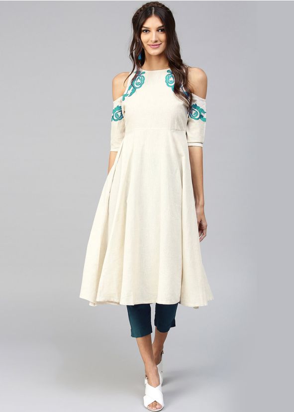 Readymade Off White Cold Shoulder Kurta With Pant