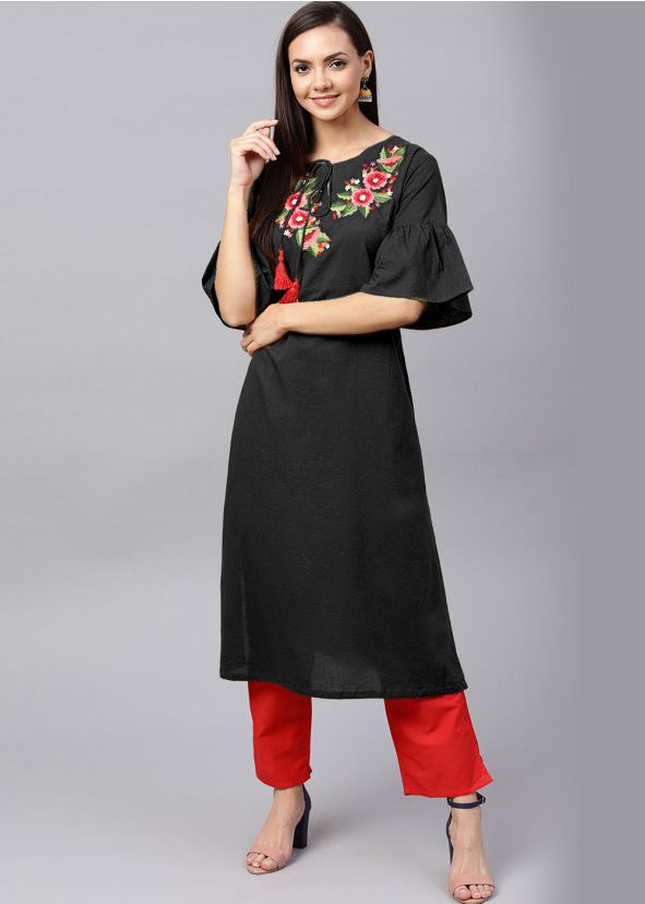 Readymade Black Embroidered Bell Sleeved Kurta Set