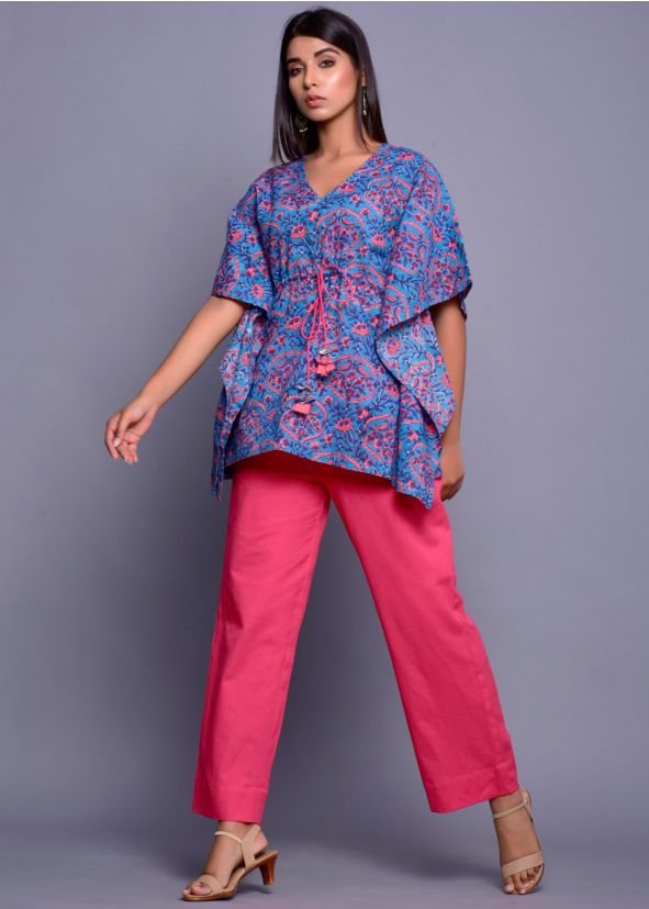 Blue Floral Block Printed Kaftan Top With Pant