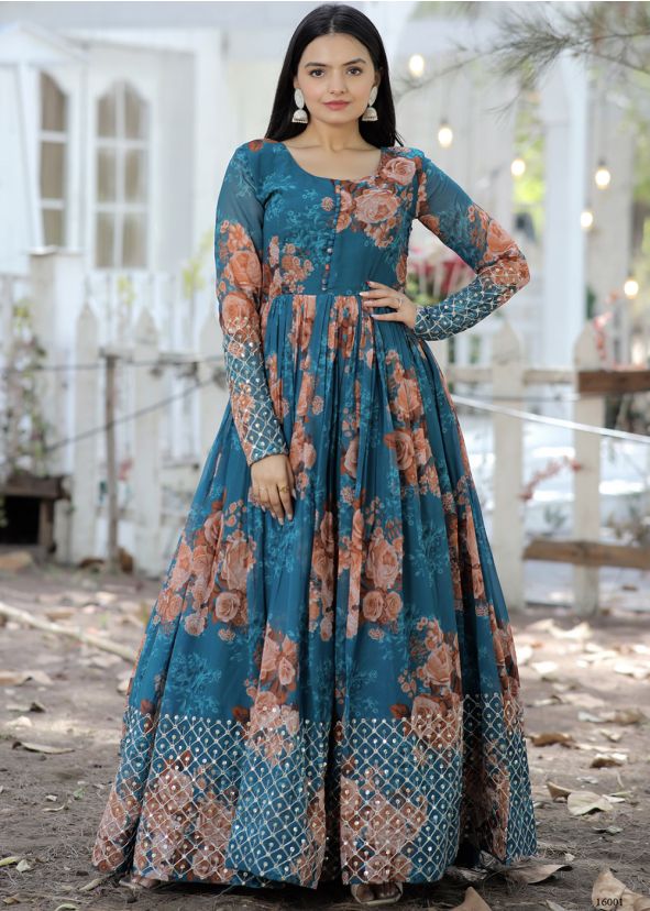 Blue Georgette Gown In Floral Print