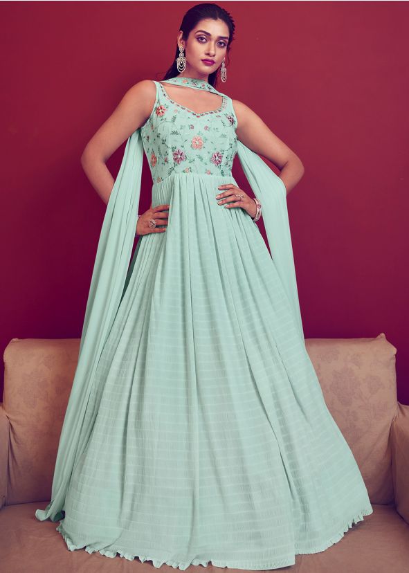 Green Readymade Embroidered Gown & Dupatta