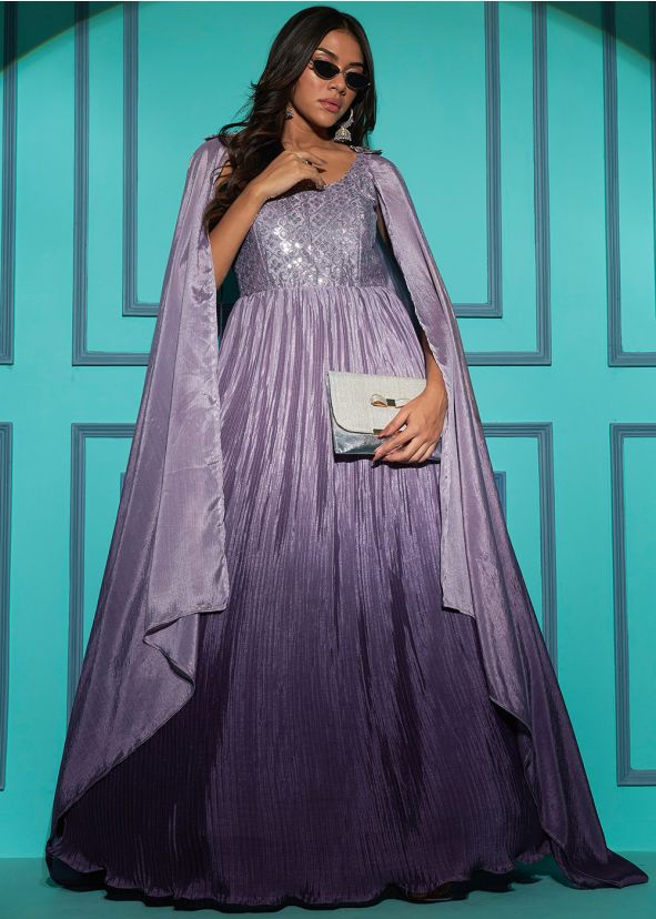 Purple Embroidered Gown In Chiffon