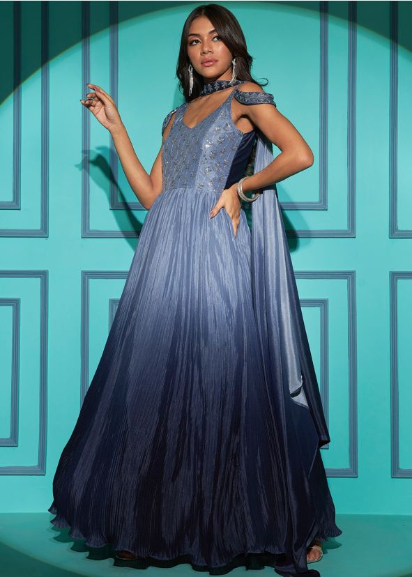 Blue Embroidered Gown With Dupatta