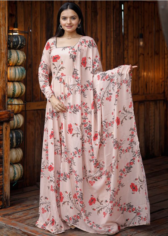 Peach Floral Printed Readymade Gown