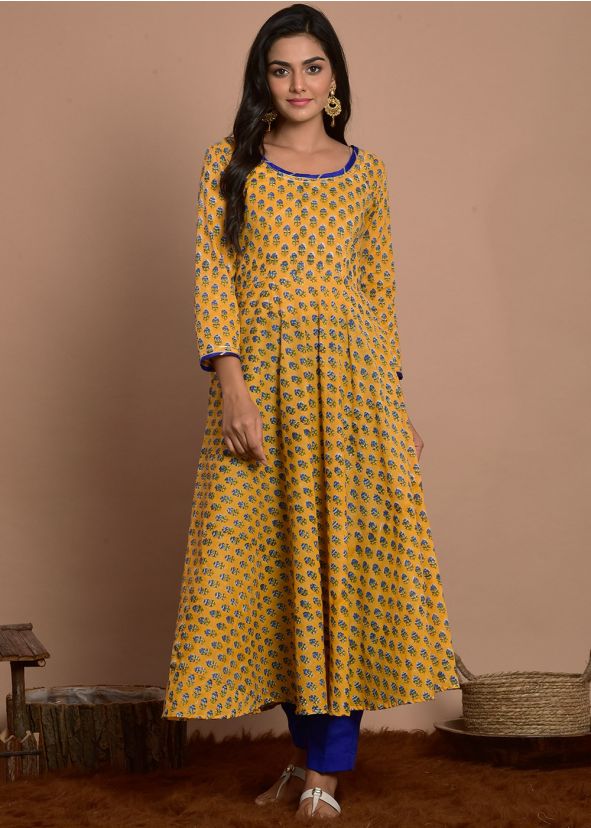 Yellow Block Printed Readymade Flared Kurta Set