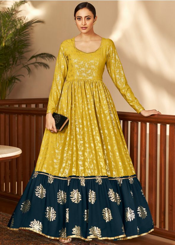 Yellow & Blue Georgette Tiered Gown In Foil Print