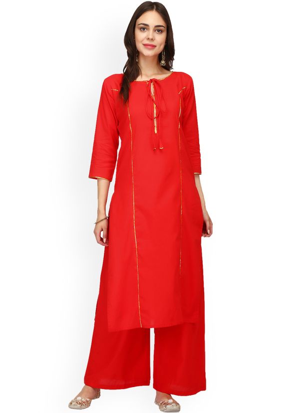 Red Straight Cut Readymade Long Kurta Palazzo Set