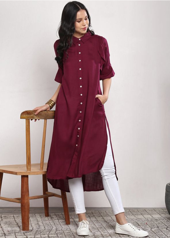 Readymade Maroon Asymmetric Slit Style Kurta Set