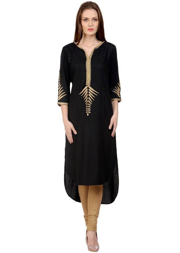 Black Readymade Asymmetric Rayon Kurta Set