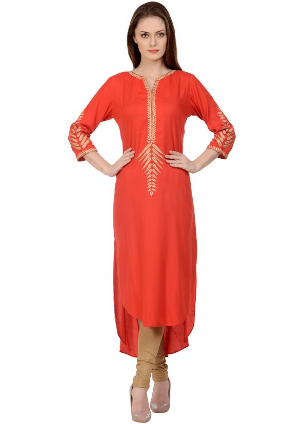 Orange Rayon Readymade Asymmetric Kurta Set