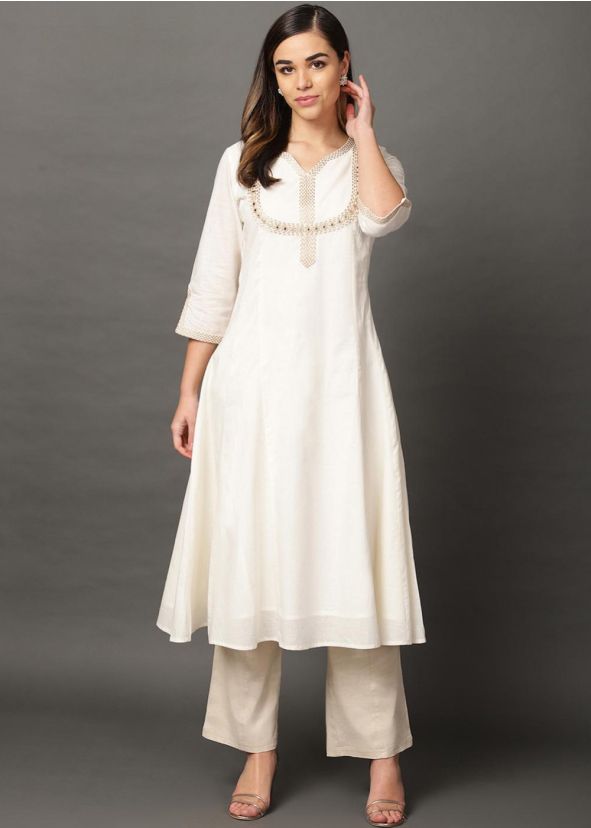 Readymade Off White Flared Long Kurta With Palazzo