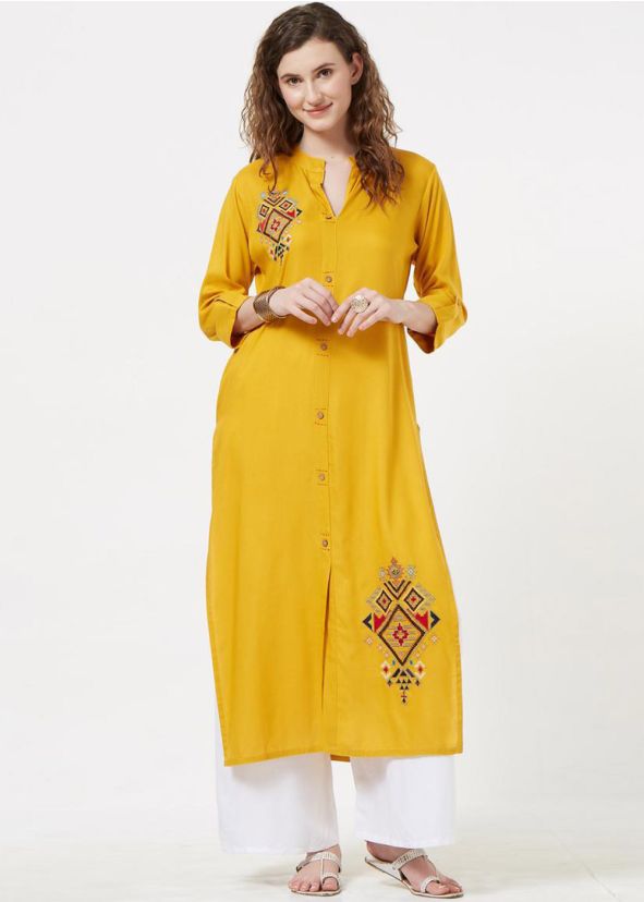 Yellow Readymade Embroidered Slit Style Kurta Set