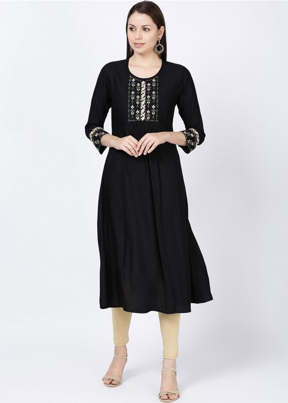 Readymade Black Rayon Flared Kurta Set