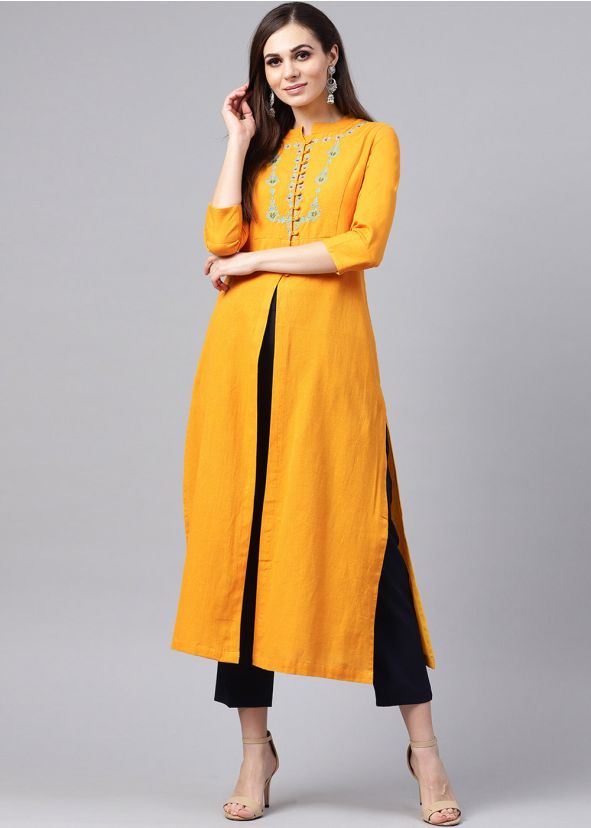 Readymade Yellow Slit Style Long Kurta Pant Set