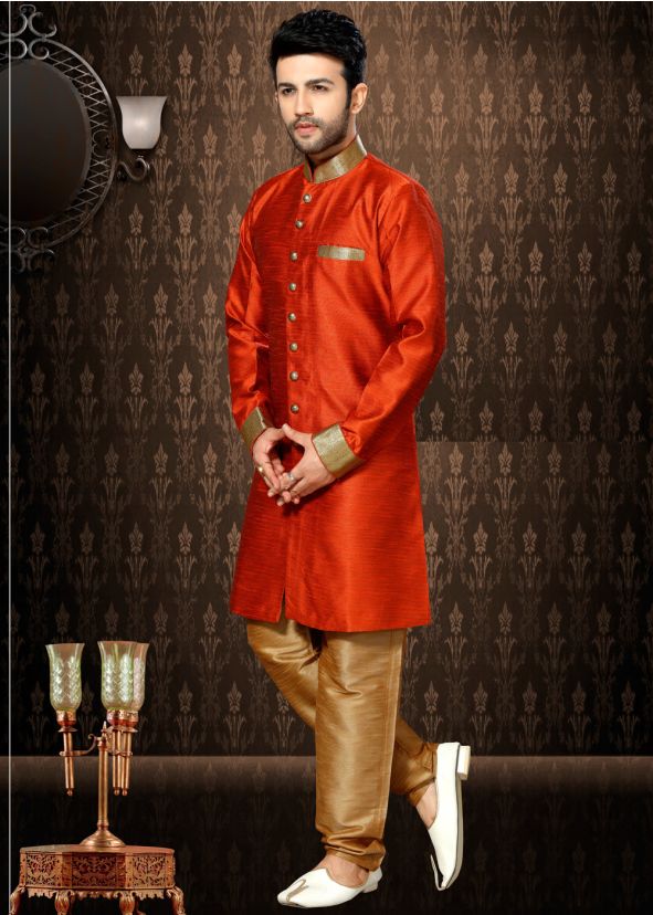 Readymade Orange Art Silk Indo Western Sherwani