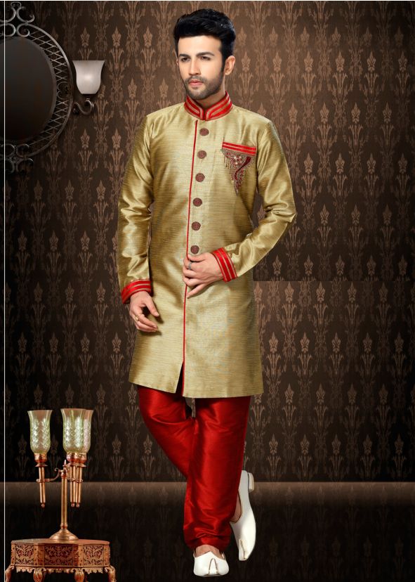 Readymade Peach Art Silk Indo Western Sherwani