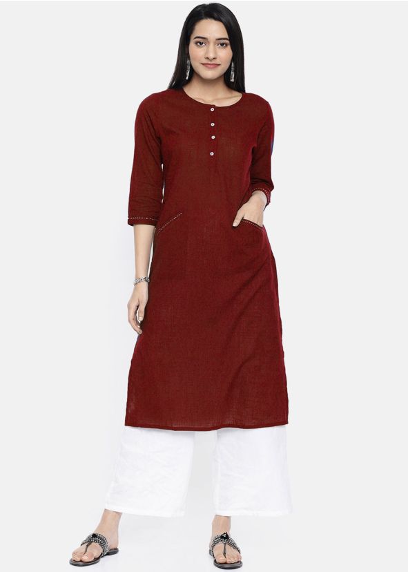 Readymade Maroon Straight Cut Rayon Kurta Set