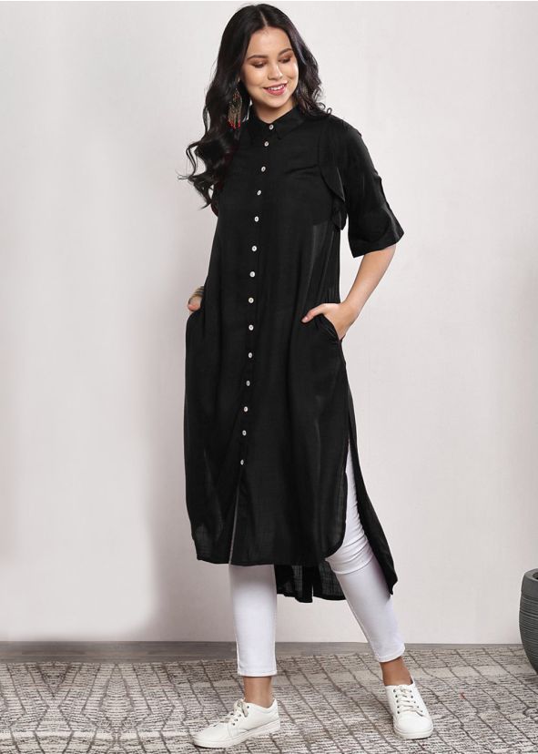 Black Readymade Rayon Front Slit Style Kurta Set