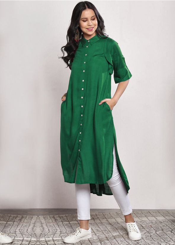 Green Rayon Front Slit Style Asymmetric Kurta Set