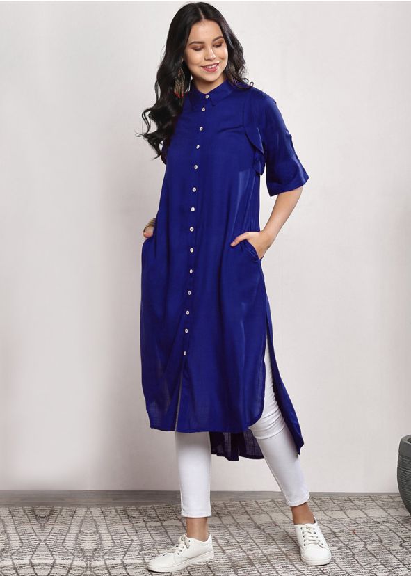 Readymade Blue Front Slit Style Kurta With Pant