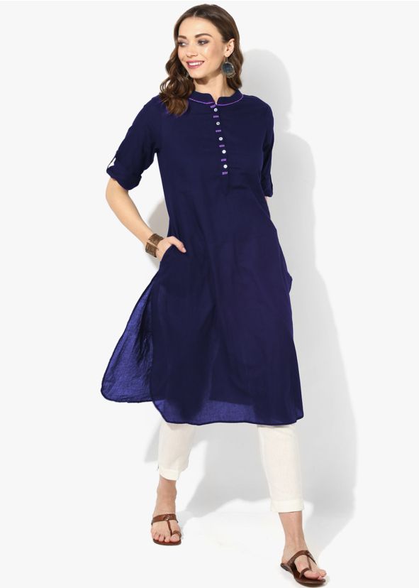 Navy Blue Straight Cut Readymade Rayon Kurta Set