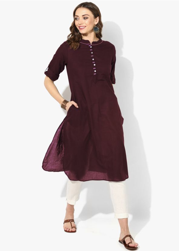 Magenta Readymade Rayon Long Kurta With Pant